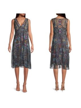 Johnny Was Biya Caddie Embroidered Slip Midi Dress